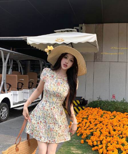 달콤한 스타일 레트로 꽃무늬 반팔 여성 드레스 여름 Chic 연령 감소 허리 수축 슬림해 보이는 미니 스커트 휴가 바람 치마