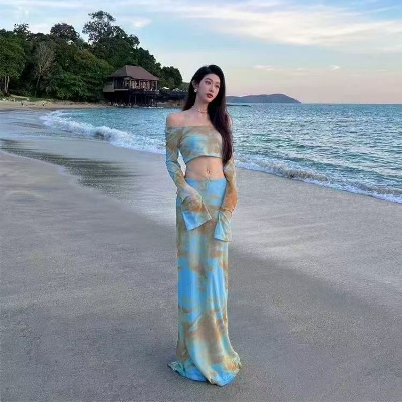 해변가 여행 휴가 세트 여성 여름 해변 드레스 작은 대중 섹시함 핫걸 품격 슬림해 보이는 길다 치마 투피스 세트