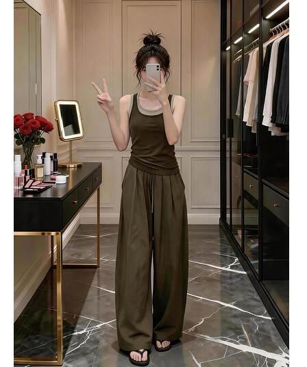 자이언트 잘 생긴 ootd 착용 가져 가라. 세트 완료 2026 새로운 페이크 레이어드 캐미솔 여름 와이드 레그 팬츠 어린이 세트