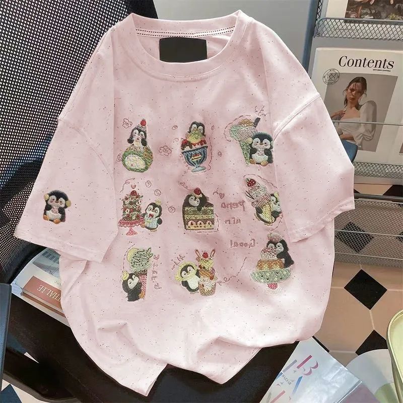 네리 가게 천 이후 테두리 색상 포인트 자수 펭귄 알파벳 반팔 티셔츠 남녀