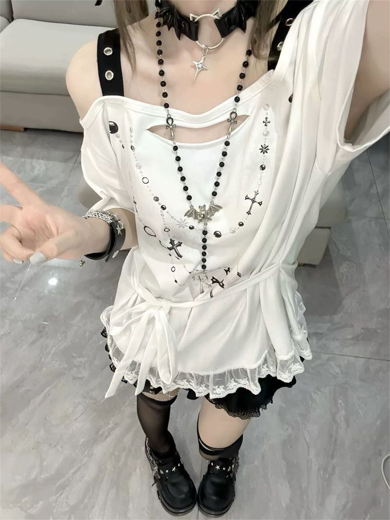 순면 슈퍼 쿨 면 y2k 핫걸 오프숄더 스트랩 반팔 티셔츠 이문화 레이스 오프숄더 슬립