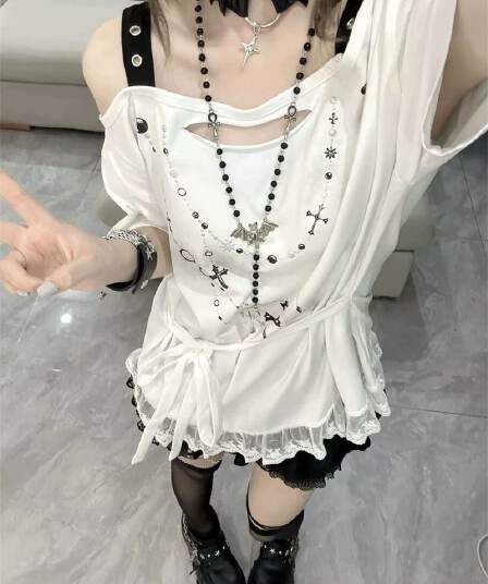 순면 슈퍼 쿨 면 y2k 핫걸 오프숄더 스트랩 반팔 티셔츠 이문화 레이스 오프숄더 슬립