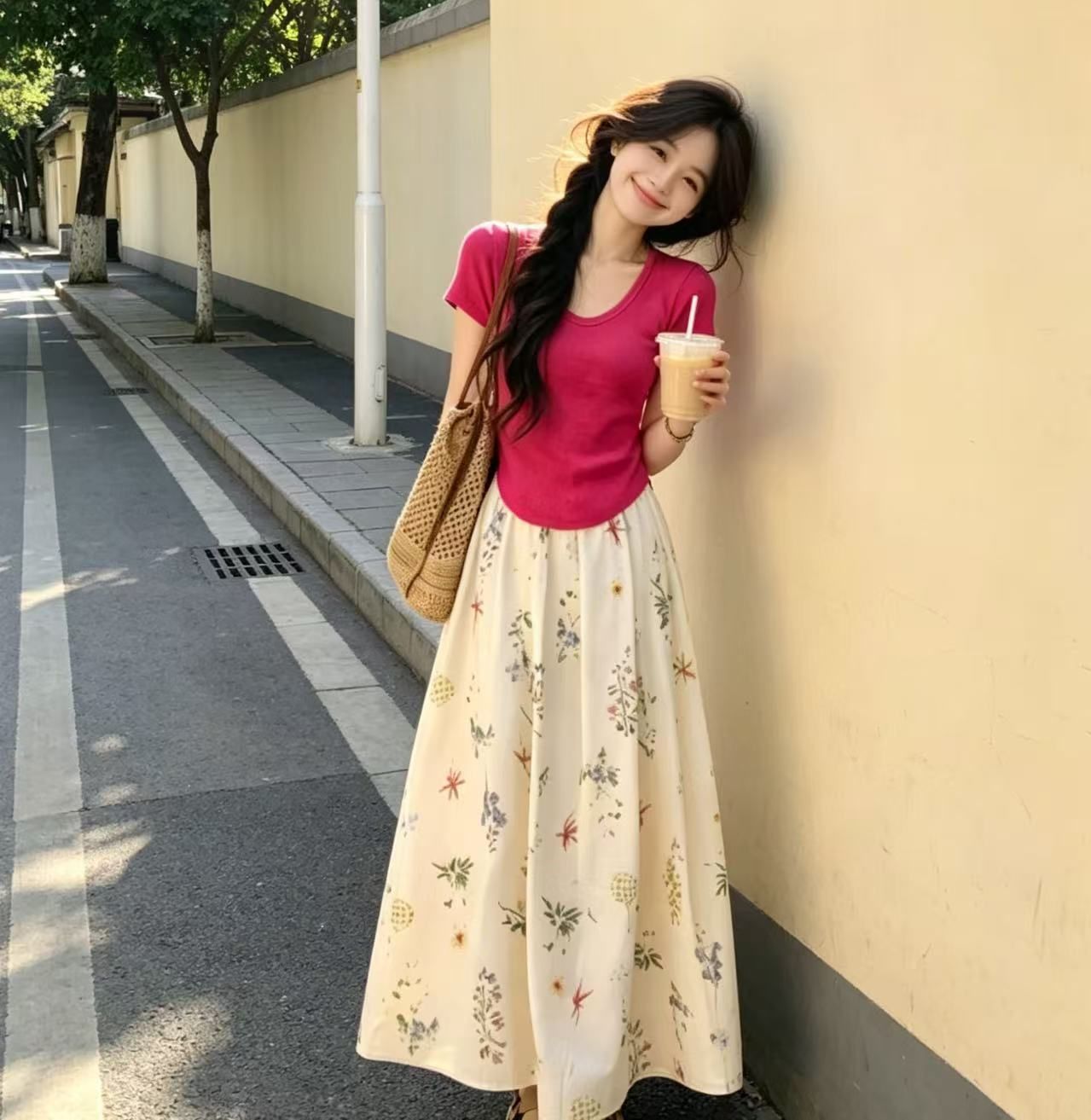 프랑스식 달콤함 치마 꽃무늬 슬림해 보이는 반신 스커트 봄 여름 품격 하이웨이스트 레트로 플리츠 프린트 밴딩