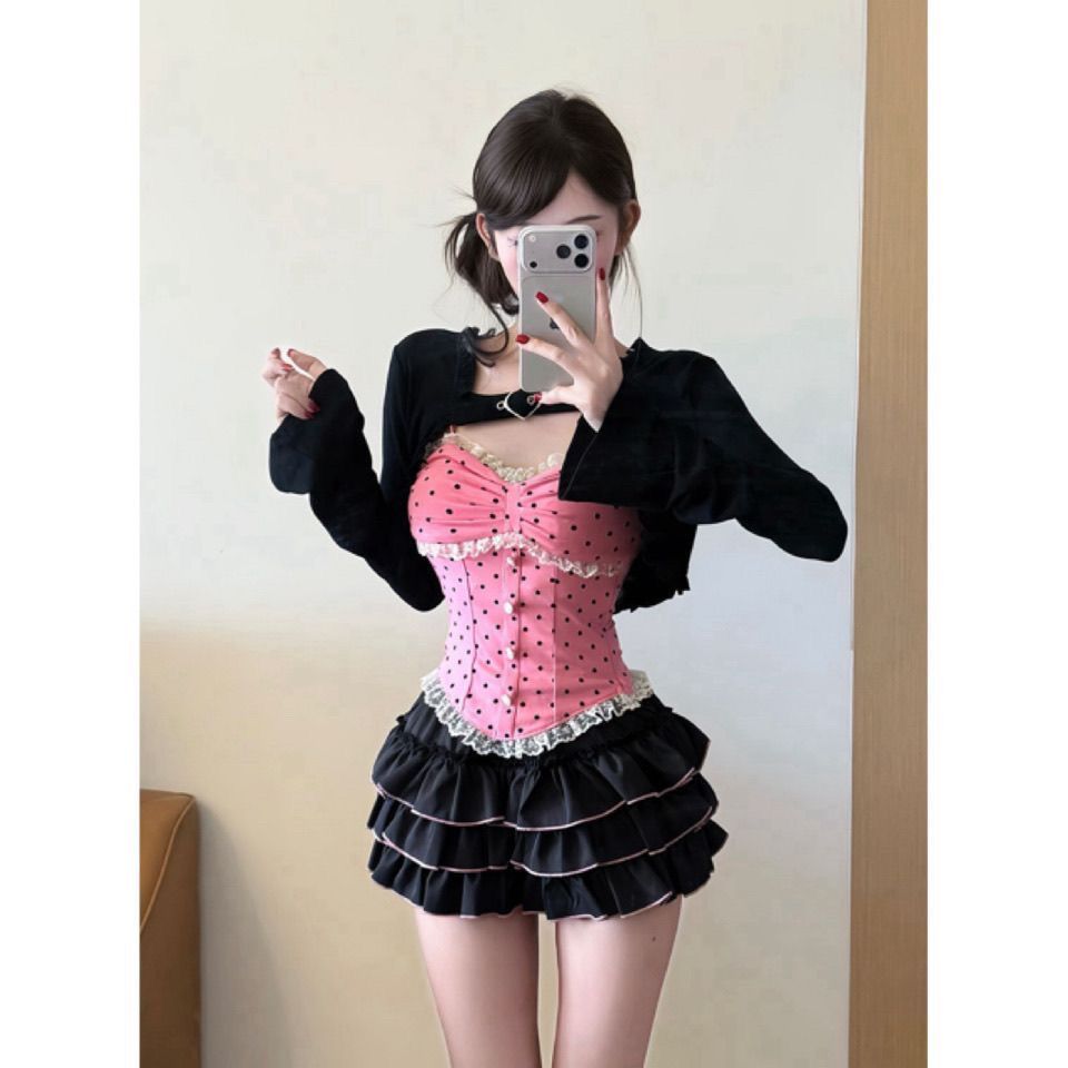 핫걸 빛 럭셔리 맞춤 순수한 욕망 바람 몸매 가꾸기 슬림해 보이는 달콤한 매운맛 슬립 검정색 오픈 가디건 퍼프 케이크 치마 세트