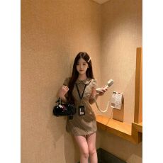 批发中古少女裙子收腰娃娃领格纹裙千金感甜美连衣裙显瘦款超好看女装
