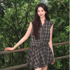 批发原版面料做法#复古<b class='q'>格</b>纹<b class='q'>连衣裙</b>女夏季小个子独特漂亮宽松气质短裙