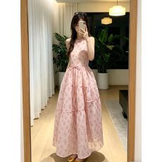 批发雾纱萦梦少女梦幻粉色碎花<b class='q'>欧根纱</b>背心连衣裙度假风无袖大摆长裙夏