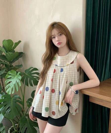 일본식 레트로 민소매 인형 셔츠 여름 도트 무늬 체크무늬 여성 셔츠 베이비 칼라 슬림해 보이는 어린애 같은 셔츠 맨위