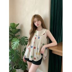 批发日系复古无袖娃娃衫夏季波点格子<b class='q'>衬衫</b>女娃娃领显瘦童趣<b class='q'>衬衫</b>上衣