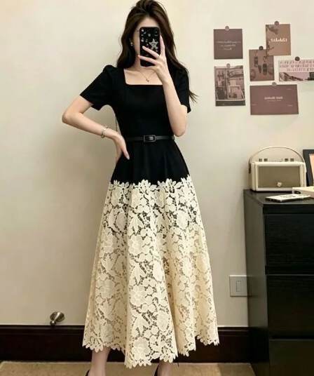 빅 사이즈 여성 의류 여름 새로운 지방 mm 프랑스식 프랑스식 광장 칼라 배색 레이스 패치워크 허리 수축 슬림해 보이는 드레스