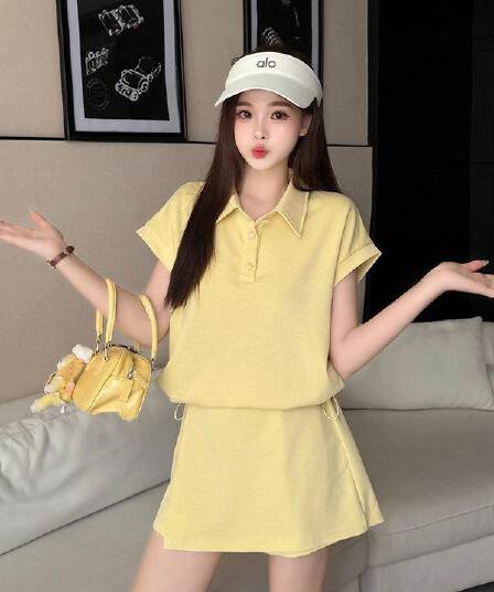 한 부서 작은 키 캐주얼 스포츠 슈트 여성 여름 패션 연령 감소 황색 POLO 셔츠 반팔 바지 투피스 세트