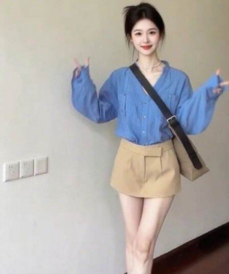오래된 돈 바람 파란색 스탠드 칼라 긴팔 여성 셔츠 여름 루즈핏 슬림해 보이는 셔츠 품격 다용도 오픈 가디건 맨위