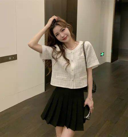 여름 드레스 2026 작은 샤넬 스타일 품격 검정색 쇼트 스타일 재킷 새로운 디자인 센스 작은 대중 chic 체크무늬 맨위 여성 트렌디