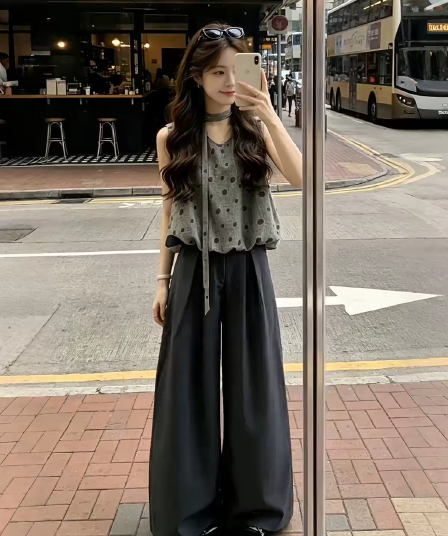여름 ootd 착용 가져 가라. 전체 집합 2026 새로운 한 부서 아름다운 민소매 도트 무늬 맨위 와이드 레그 팬츠 두 조각 여성 세트