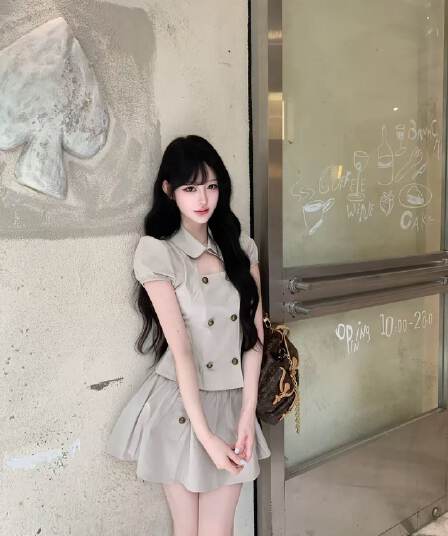 베이비 칼라 홀로우 아웃 셔츠 세트 여성 여름 레트로 거품 소매 이중 버튼 퍼프 미니 스커트 투피스 세트