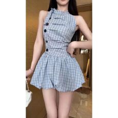 批发套里后中隐形拉链冰蓝奶絮烫钻无袖<b class='q'>连衣裙</b>女夏季小个子花苞短裙子