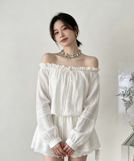 빈 하이 로밍 드레스 봄 여름 벌룬 소매 오프숄더 품격 허리 수축 고급 센스 레이스 조각 미니 스커트 투피스 세트