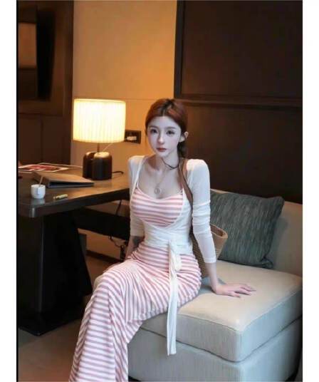 느슨함 한 부서 핑크색 스트라이프 프랑스식 한 부서 여름 새로운 허리 수축 긴팔 스트랩 오픈 가디건 투피스 슈트