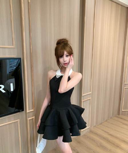프랑스식 품격 나비 매듭 몸매 가꾸기 행침 목 민소매 여성 드레스 여름 패션 천 금빛 바람 퍼프 미니 스커트 ins