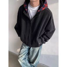 批发纯棉华棉薄款水洗做旧宽松外套复古开衫美式假两件连帽卫衣<b class='q'>男</b>女