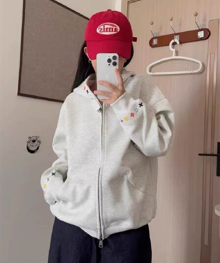 자수 순수한 Mianhua 면 복합 후드 지퍼 후드티 여성 코트