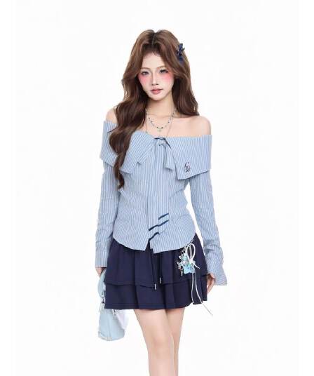 도파민 체크무늬 별 불규칙 폴로 칼라 긴팔 순면 여성 셔츠 가을 꼬집기 허리 슬림해 보이는 셔츠