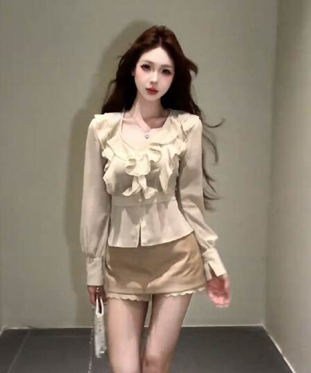 순수한 욕망 레이스 레이스 여성 셔츠 프릴 긴팔 맨위 가을 겨울 고급 섹시함 프랑스식 하이웨이스트 타이트 스커트 미니 스커트