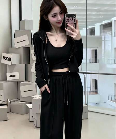 새로운 여성 의류 봄 가을 연령 감소 패션 운동 후드티 하이웨이스트 캐주얼 와이드 레그 팬츠 3종 세트 트렌디 외국 가스