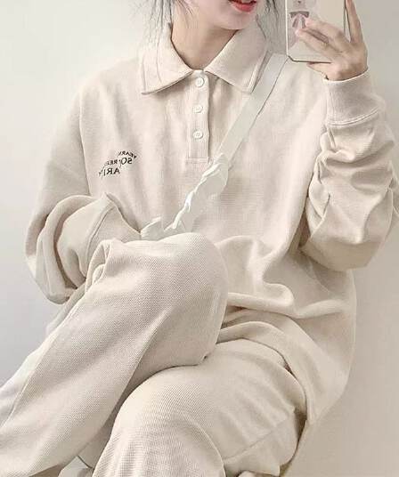 소년 센스 운동복 세트 여성 봄 가을 소금 부서 튀김 거리 후아 남편 그리드 POLO 칼라 얇은 스타일 후드티 캐주얼 투피스 세트