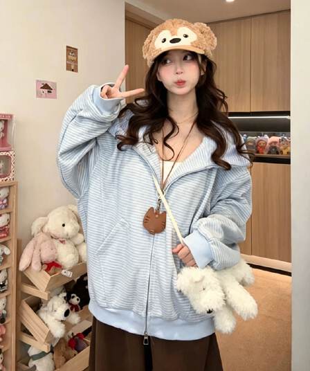 얇은 스타일 백금 지퍼 클립 칼라 것 원단 복합 후드티 여성