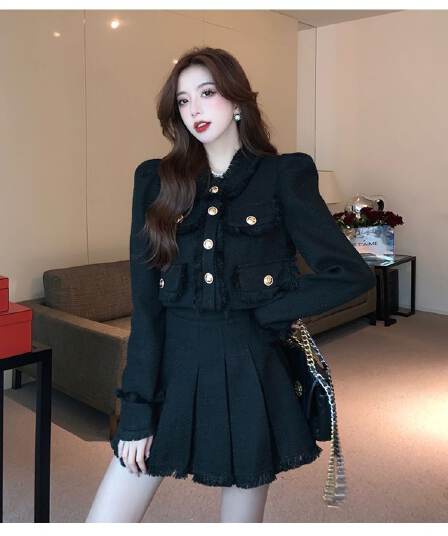작은 샤넬 스타일 세트 드레스 투피스 세트 가을 겨울 새로운 프랑스식 품격 명문 여성 쇼트 스타일 재킷 반신 스커트 투피스 세트