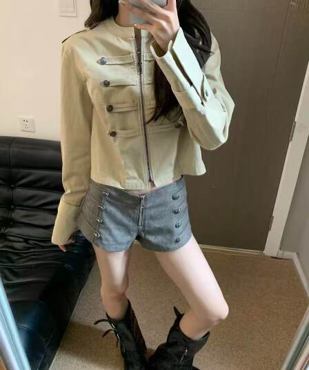 레트로 궁정 바람 이중 버튼 짧은 여성 코트 가을 새로운 카키 스탠드 칼라 센스 디자인 몸매 가꾸기 재킷