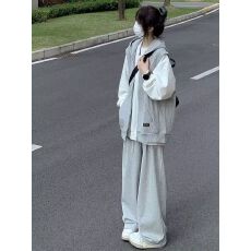 批发仿棉斜纹拉架250克运动套装女秋季宽松长袖连帽卫衣休闲三件套
