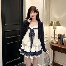 批发温柔风初恋公主<b class='q'>格</b>纹蕾丝拼接蓬蓬抹胸蛋糕裙藏青花边开衫两件套装