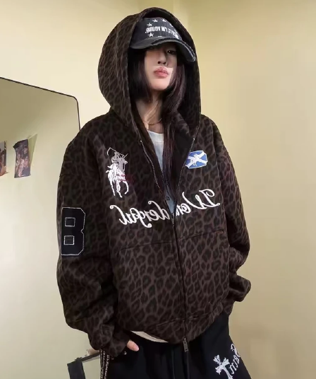 원본 솜씨 자수 레오파드 무늬 프린트 순수한 Mianhua 면 스트라이프 후드 오픈 가디건 후드티 남녀