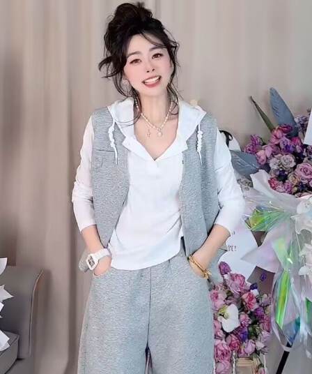 모방 면 사선 무늬 당겨 프레임 250그램 봄 가을 패션 세트 여성 레저 베스트 루즈핏 까마귀 3종 세트