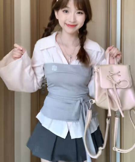 세트 여성 2026 봄 여름 새로운 한 부서 핫걸 페이크 레이어드 패치워크 긴팔 셔츠 하이웨이스트 슬림해 보이는 반신 스커트