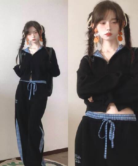 모방 Mianhua 면 320 그램 스포츠 슈트 여성 체크무늬 패치워크 후드 티 스웨터 가을 캐주얼 긴 바지 투피스 세트