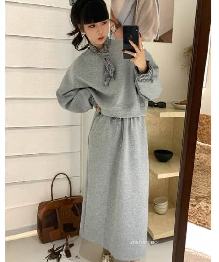 가을 한국 동대문 루즈핏 체크무늬 넥타이 쇼트 스타일 풀오버 스웨트셔츠 하이웨이스트 펌프 로프 반신 스커트 3종 세트