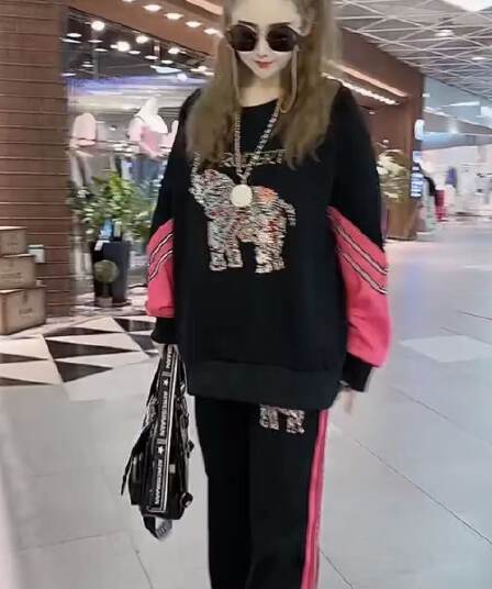 모방 면 사선 무늬 당겨 프레임 250그램 캐주얼 세트 여성 봄 가을 긴팔 후드티 핫픽스 긴 바지 투피스 세트