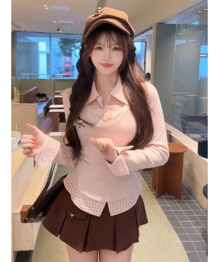 순수한 욕망 달콤한 핫걸 세트 학원 스타일 허리 수축 페이크 레이어드 셔츠 맨위 플리츠 반 스커트 소녀 센스 투피스 세트