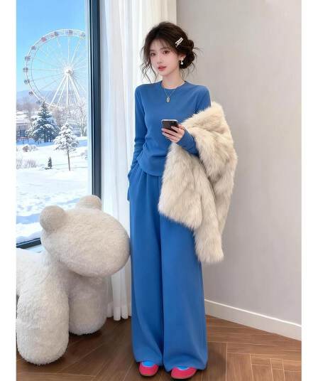 40 1x1 순면 파란색 캐주얼 스포츠 슈트 여성 긴 소매 와이드 레그 팬츠 투피스 세트