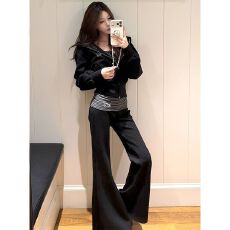 批发曼巴棉230克)运动套装女<b class='q'>春</b>秋2026新款时尚减龄微喇裤三件套装
