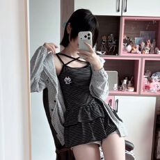 批发<b class='q'>春</b>秋日系宅萌轻亚小恶魔条纹吊带蛋糕裙波点条纹外套连帽开衫套装