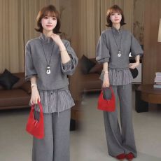 批发复古松弛感时尚百搭休闲套装2026新款<b class='q'>春</b>季减龄拉链卫衣条纹两件套