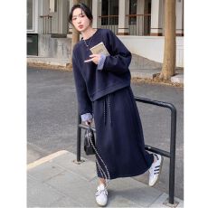 批发减龄慵懒感卫衣套装<b class='q'>秋</b>季新袖口拼接圆领上衣休闲半身裙套装