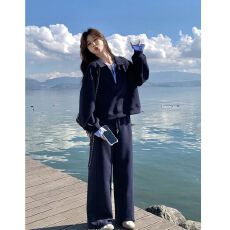 批发藏青色条纹假两件V领卫衣阔裤腿两件套女<b class='q'>秋</b>季2026新款慵懒风套装