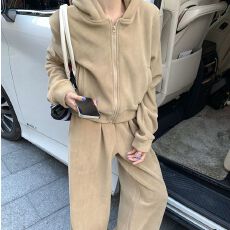 批发340克双面奥粒绒 小众连帽卫衣上衣长裤阔腿裤拖地裤两件套