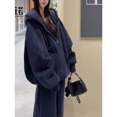 批发美式休闲运动服套装女<b class='q'>秋</b>冬新款加绒加厚拉链卫衣阔腿裤时尚两件套