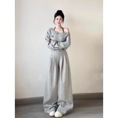 批发气质斜肩短袖套装女秋学生宽松显瘦<b class='q'>韩版</b>时尚阔腿裤休闲运动两件套